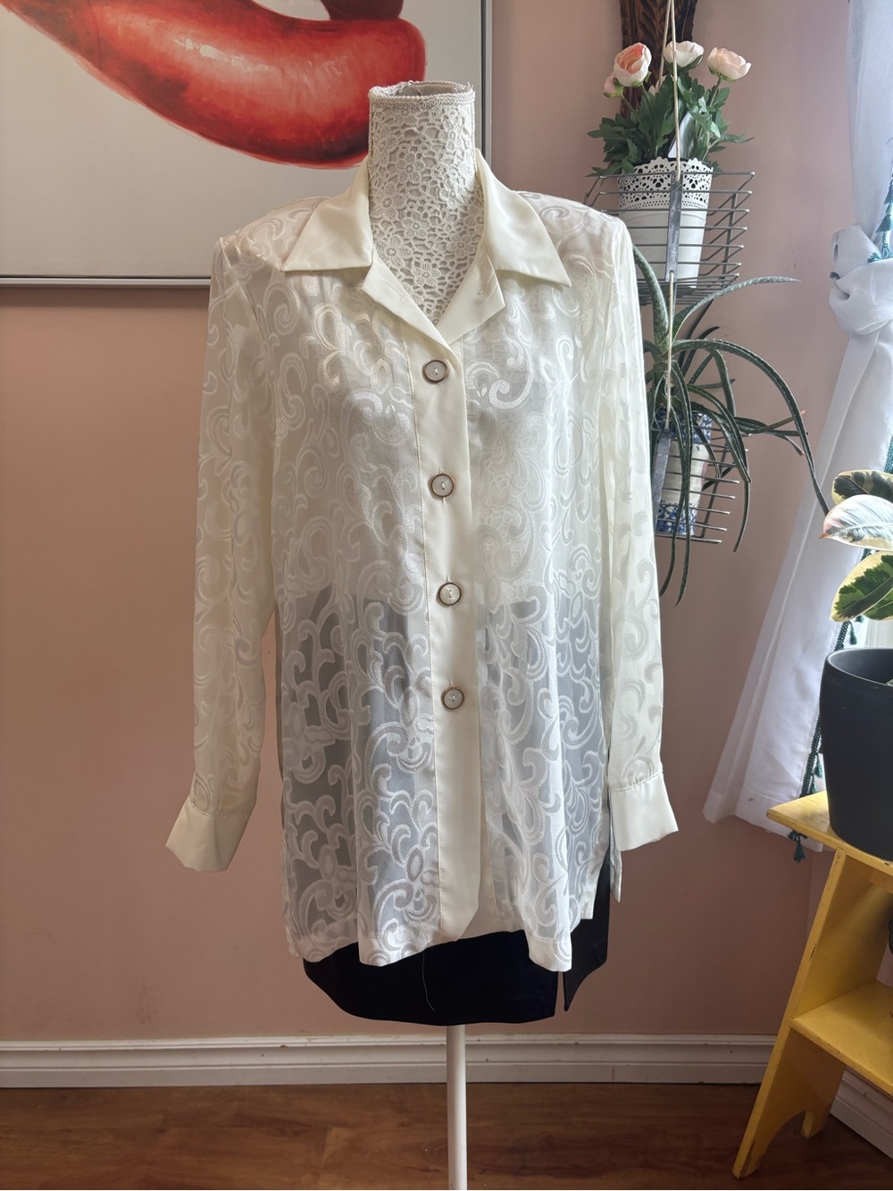 Vintage Cream Sheer Embroidered Button-Up Blouse